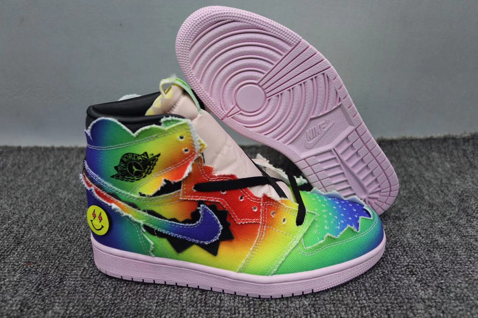 2021 Women Air Jordan 1 Rainbow Blue Yellow Red Black White Shoes